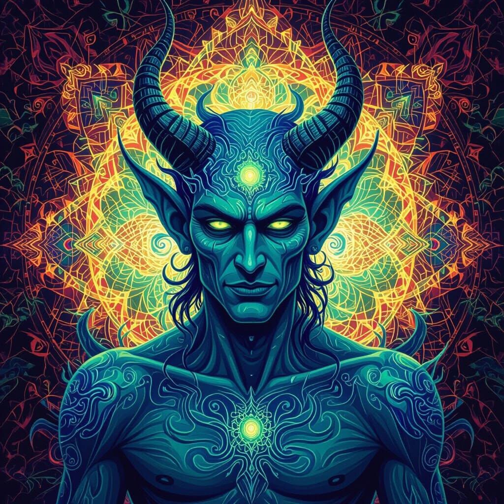 Visionary Blue-Green Devil in Psychedelic Style