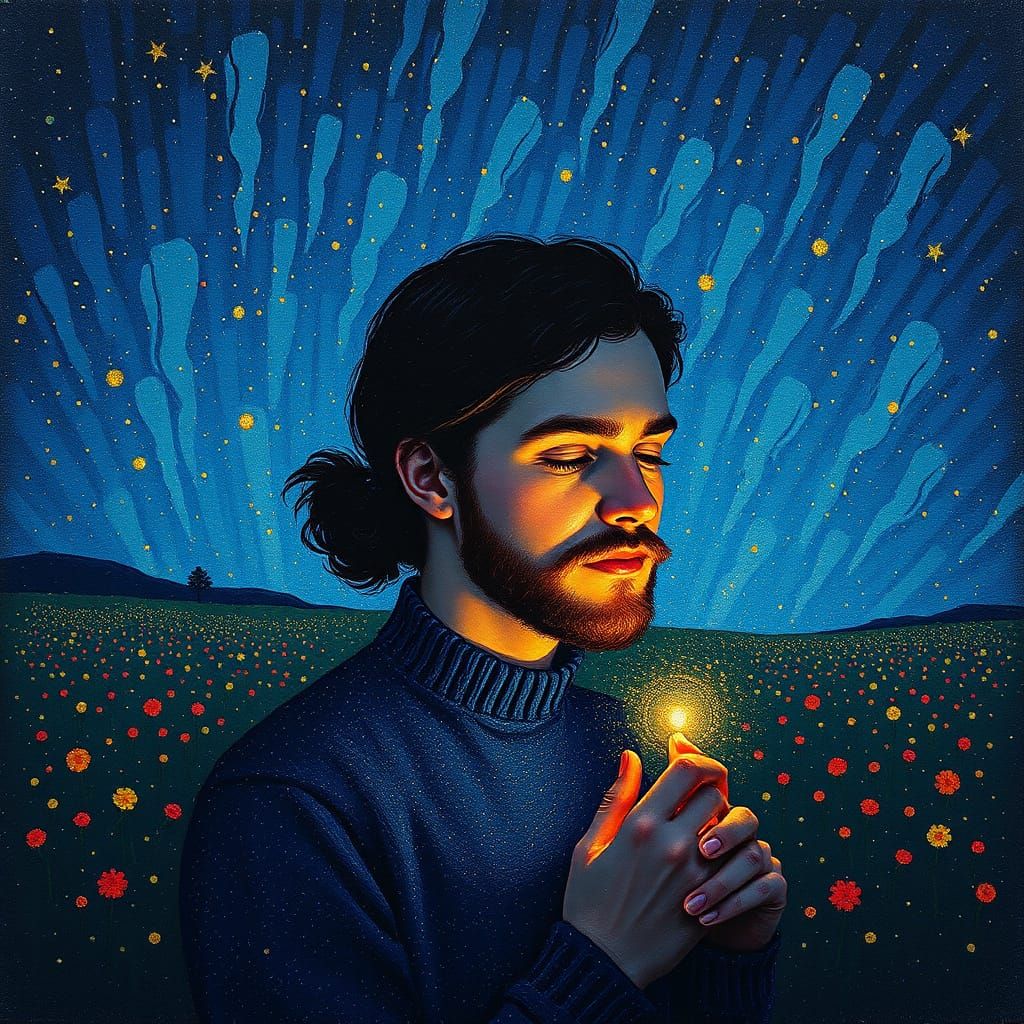 Pointillist Portrait in Twilight Meadow, Velvet Painting