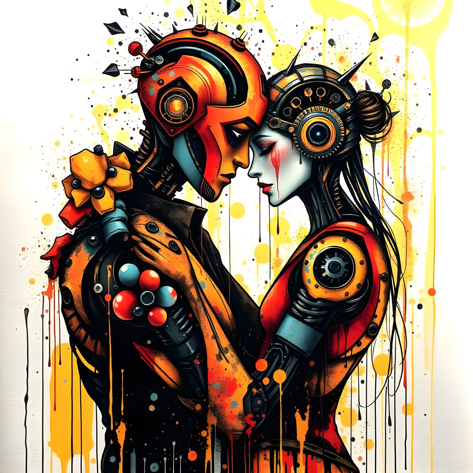 Cyborg Couple Hugging in Ink Splatter Art