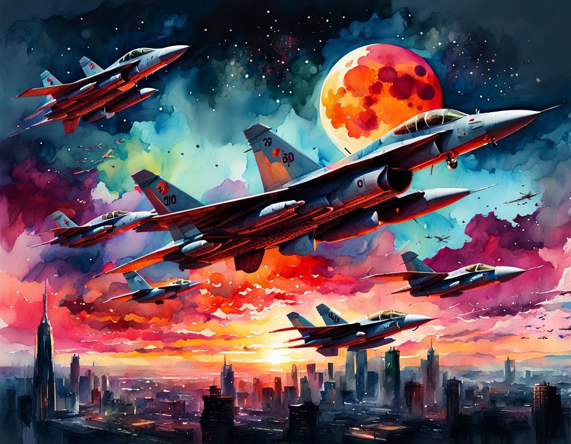 Summerscape Sunset with Jet Fighters in Watercolor Art