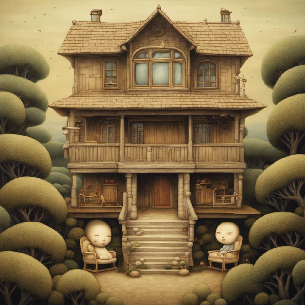 Serene House with Porch Chairs, Digital Art