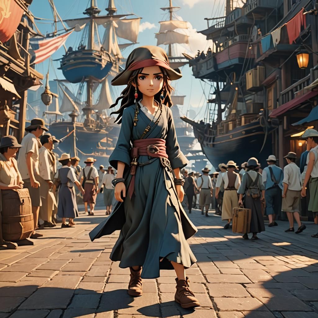 Chibi Woman Walks Port in Vibrant Anime Style