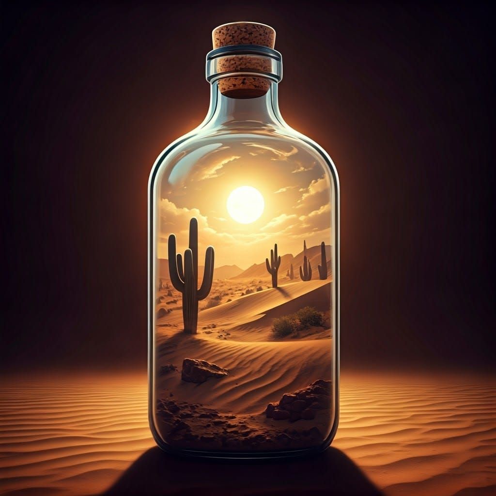 Desert Landscape Reflected in Glass Bottle
