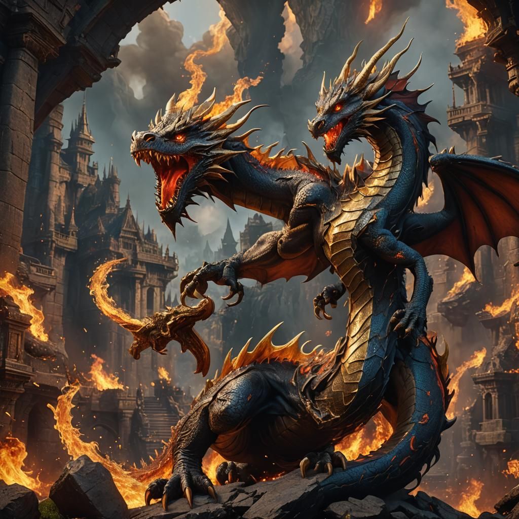 Golden Dragon Engulfed in Fire