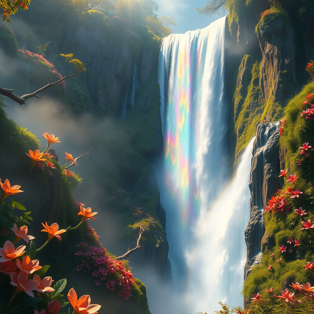 "A stunning waterfall that flows with multicolored water, cr...