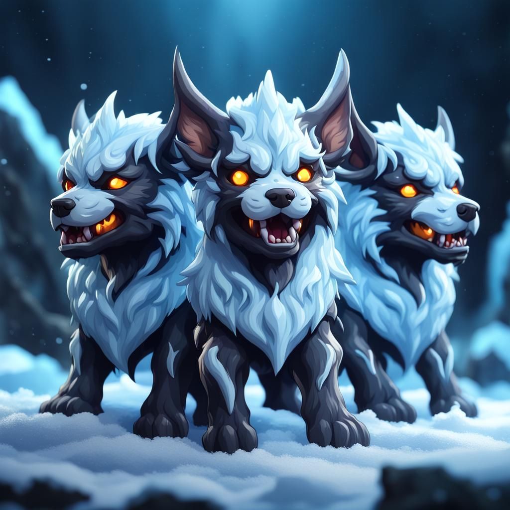Chibi Ice Cerberus in Detailed Matte Painting