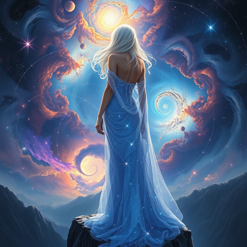 Ethereal Blonde Overlooking Galaxy in Hyperrealistic Style