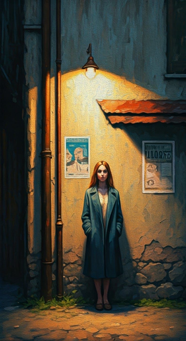 Serene Woman Under Dusk Streetlamp in Neo-Impressionist Styl...
