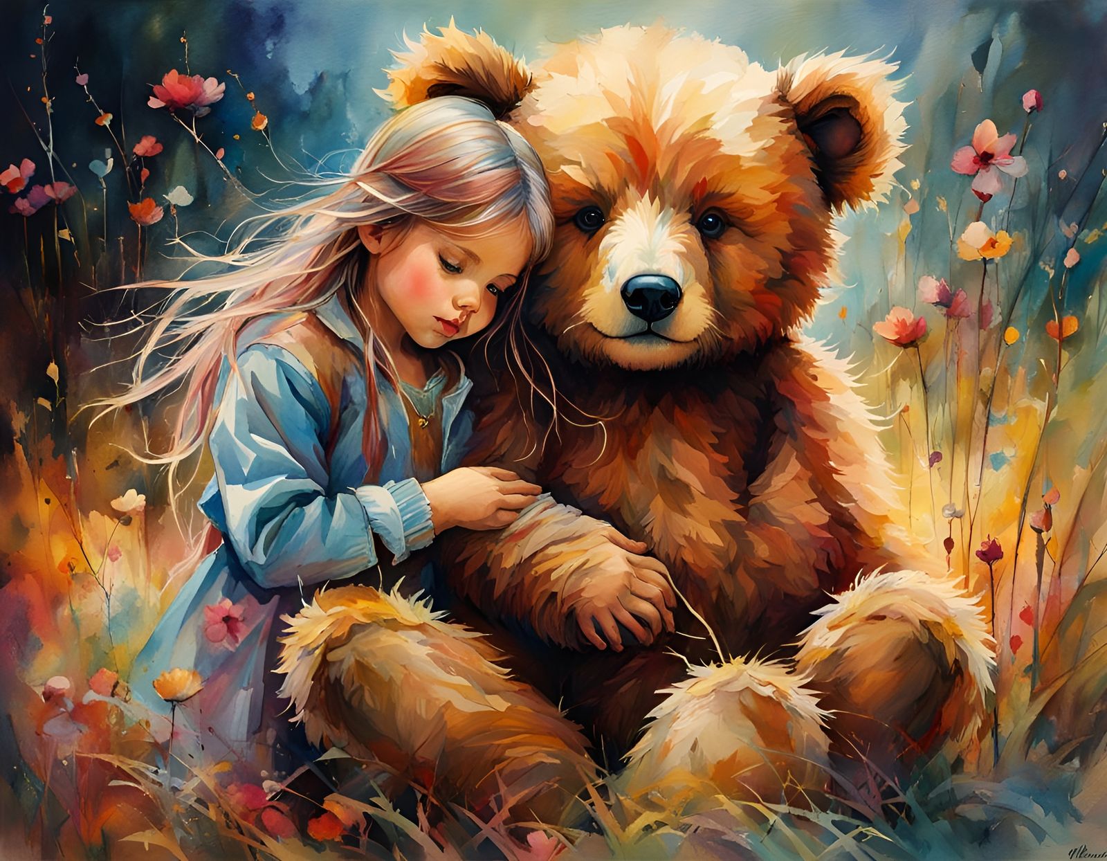 Girl and Teddy Bear in Watercolor, Warm Colors