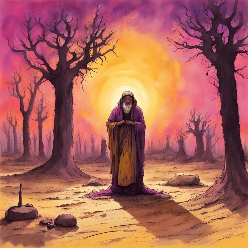 Hermit Encountering God: Ink and Acrylic Illustration