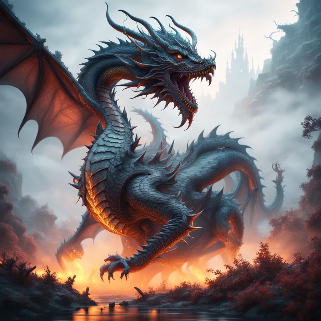 Dragon Shape Emerges from Fog: Fantasy Concept Art