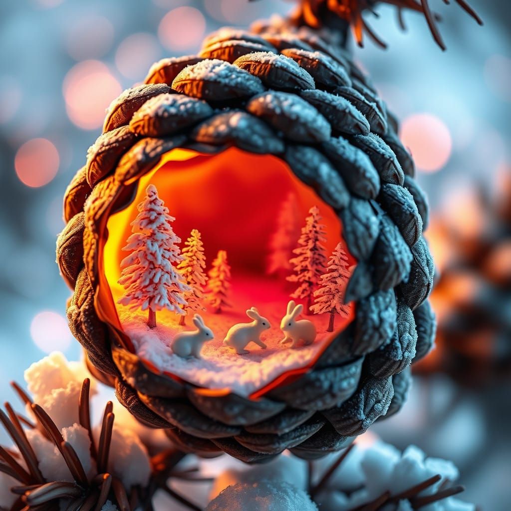 Whimsical Winter Wonderland Inside a Pine Cone