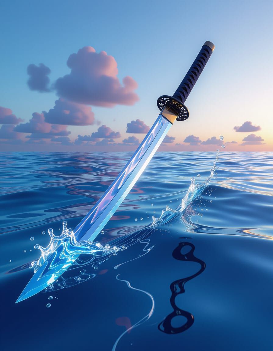 Crystal Water Katana Sword in Calm Twilight Sea