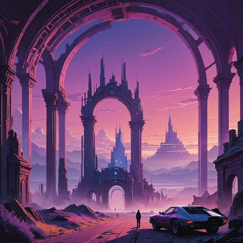 Iridescent Purple Sky with Distant Structures