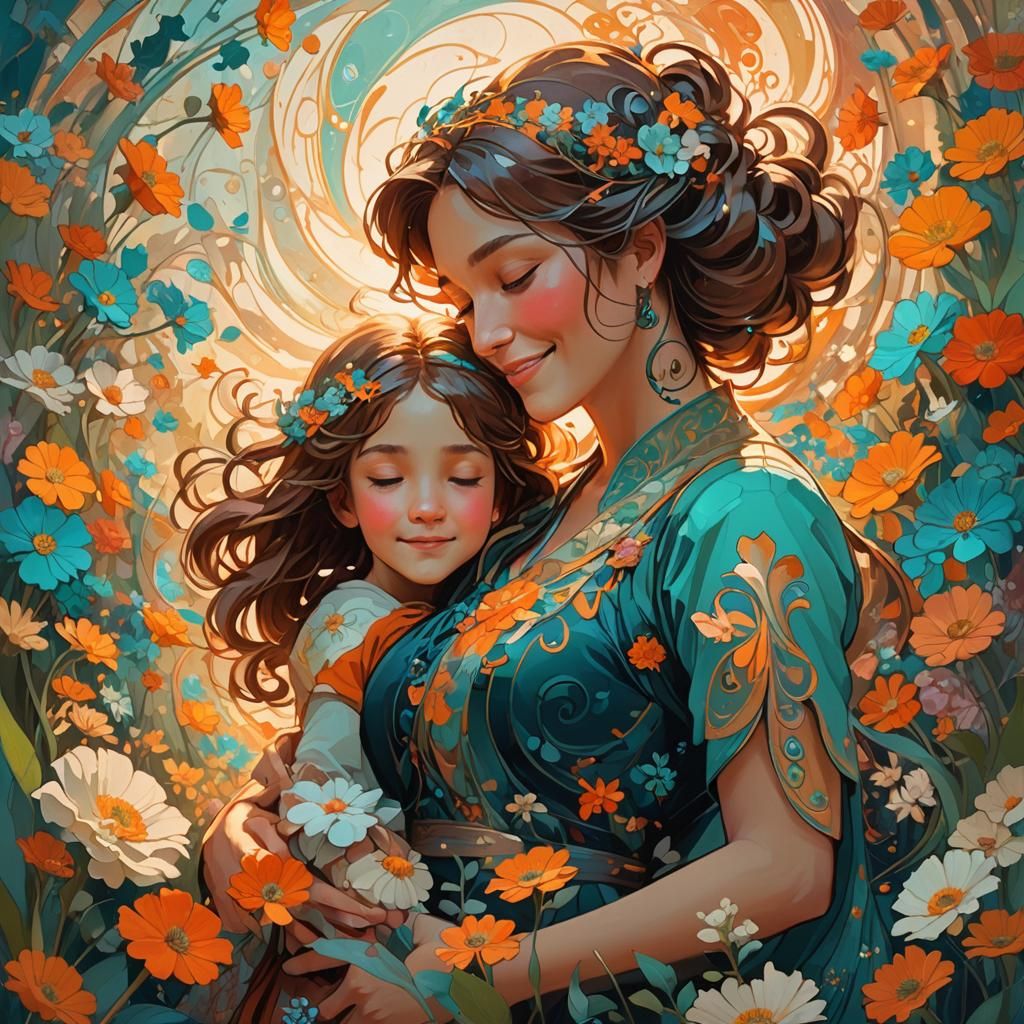 Mother and Daughter Embrace in Floral Garden