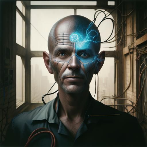 Whimsical Double Exposure Portrait of Electrician