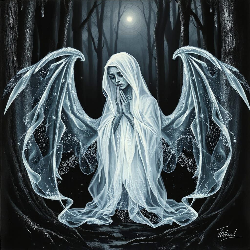 Ethereal Ghost in Dark Forest Painting