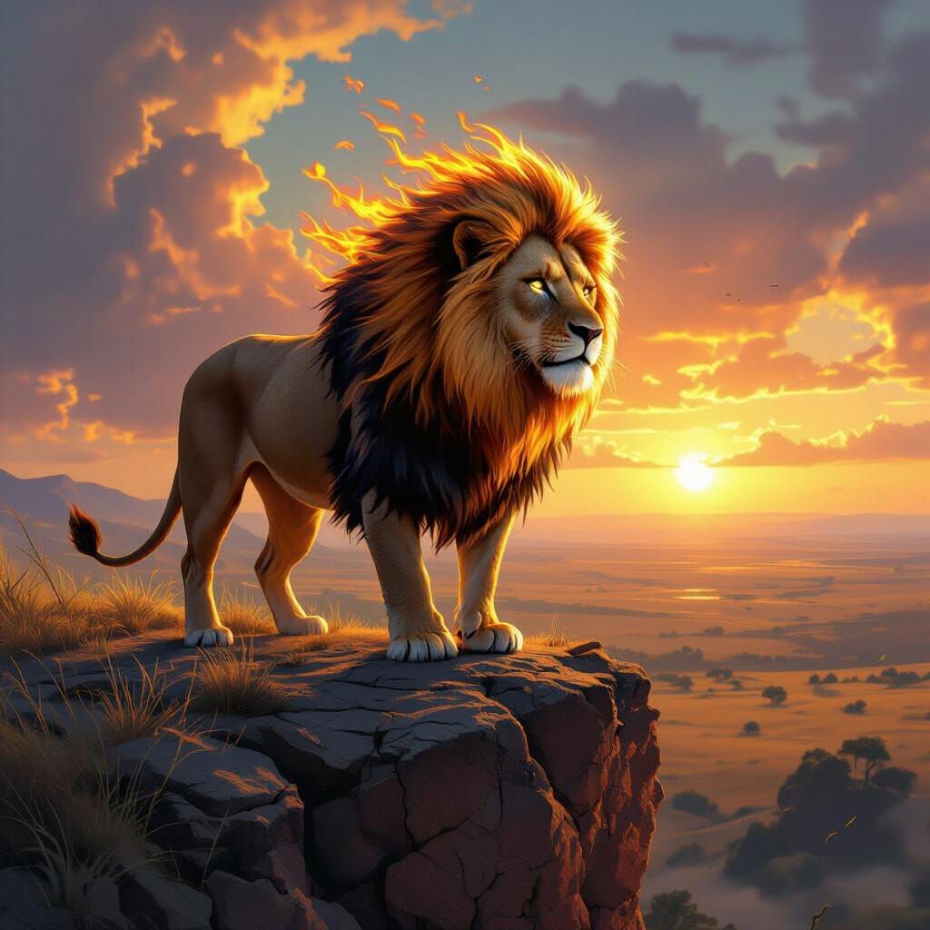 Flaming Lion Overlooking Savanna in Hyperrealistic Detail