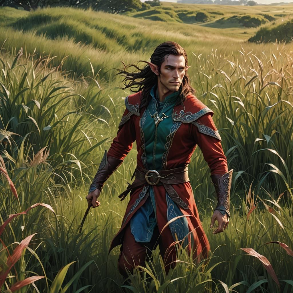 A tall male elf with long dark brown hair and blue eyes, rud...