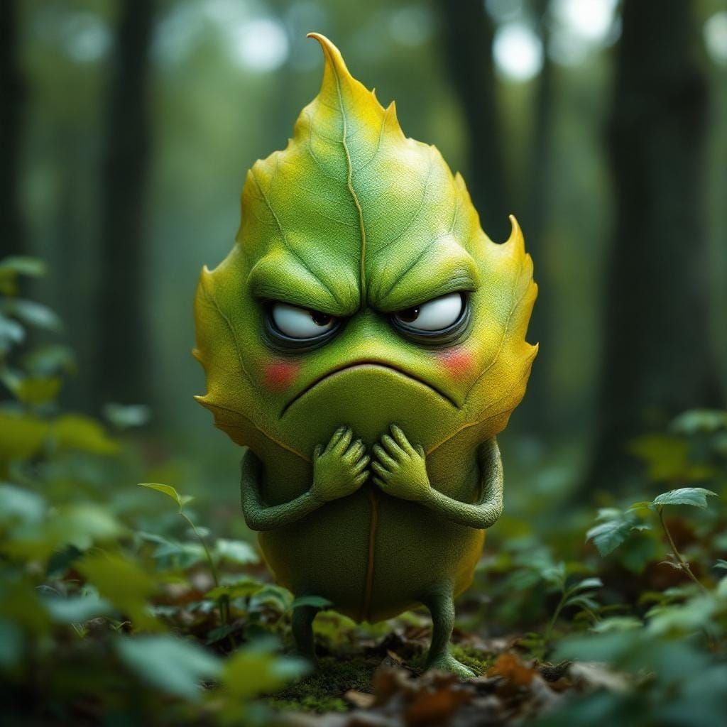 Grumpy Leaf in Forest, Ultra-Realistic 3D Render