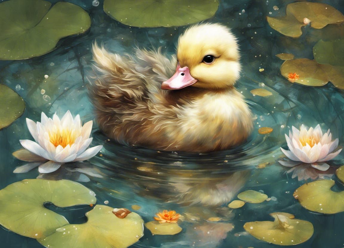 Adorable Chibi Duckling Swimming in a Pond