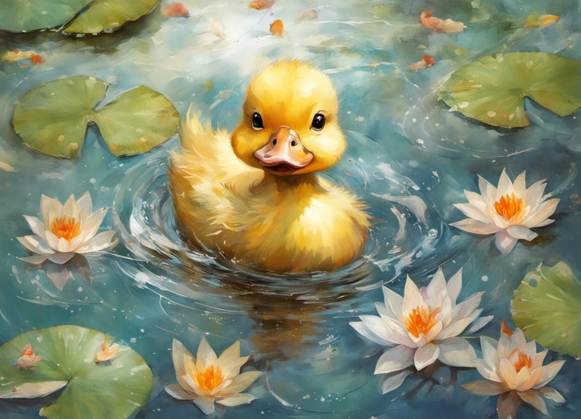 Adorable Chibi Duck Swimming in Pond