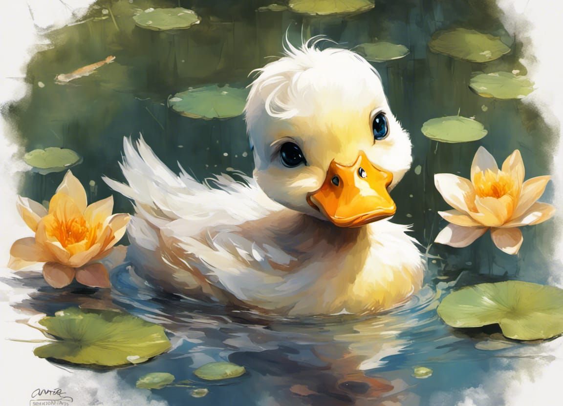 Adorable Chibi Duckling in Pond, Digital Art