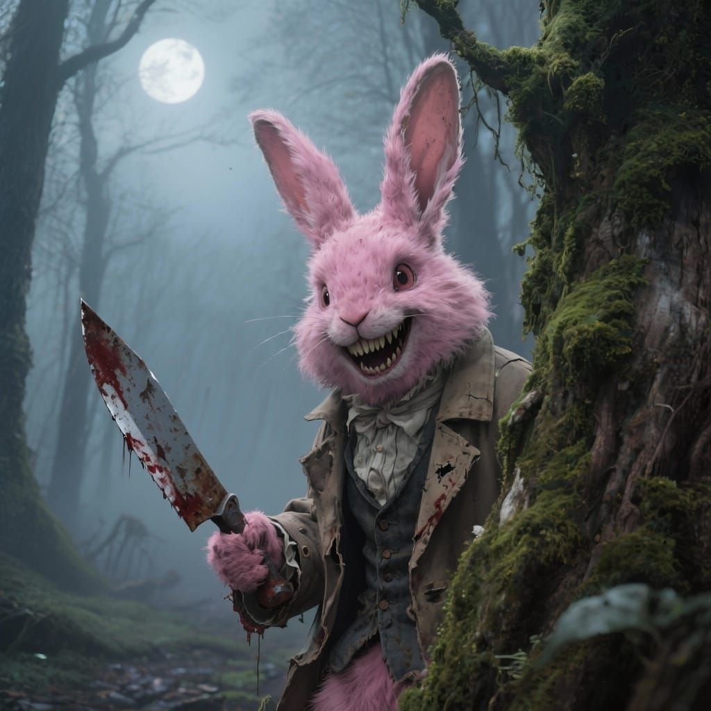 Maniacal Rabbit Lurking with Knife in Misty Forest