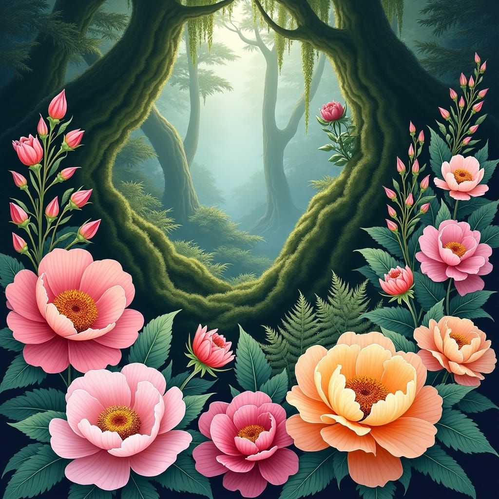 Botanical Paradise with Peonies, Roses, and Ferns