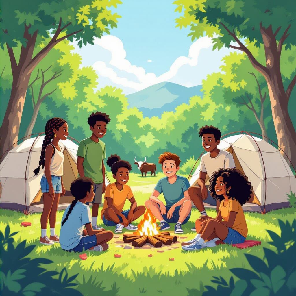 Children Camping in Tropical Forest, Vibrant Illustration