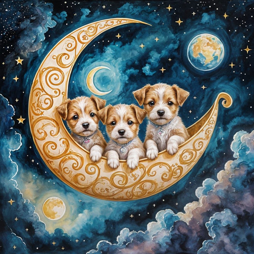 Puppies in Crescent Moon Ship, Dreamy Watercolor Style