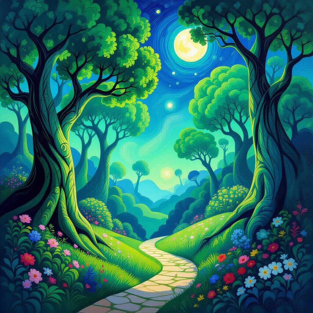 Dreamlike Landscape Painting with Swirling Colors