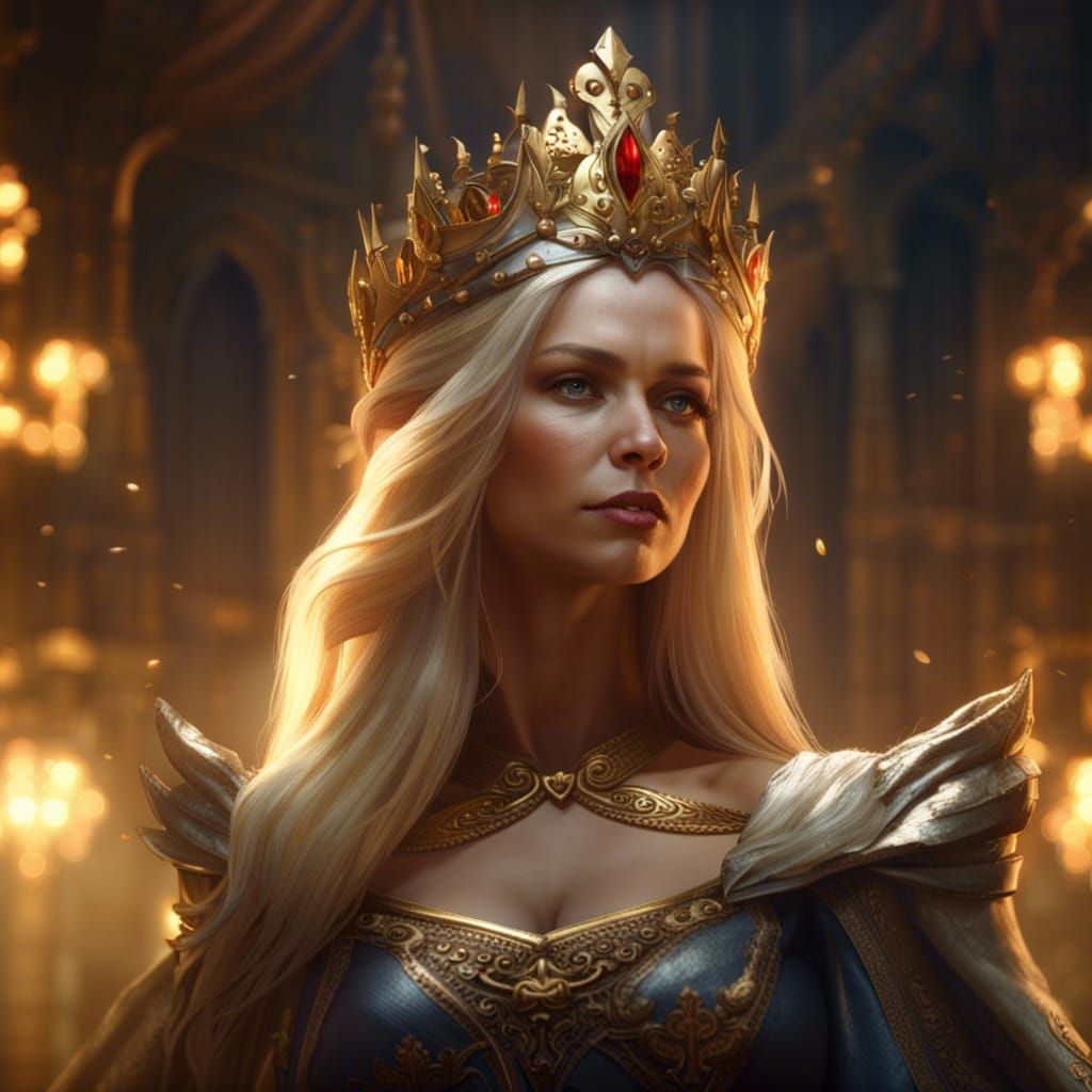Blond Queen Overseeing Her Court in Dark Fantasy