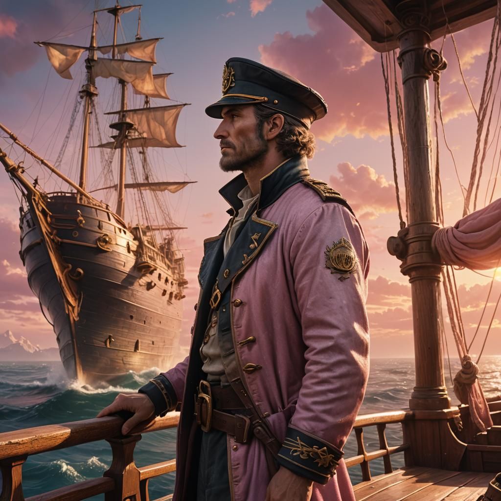 Fantasy Ship Sailing into Pink Sunrise, Detailed Matte Paint...