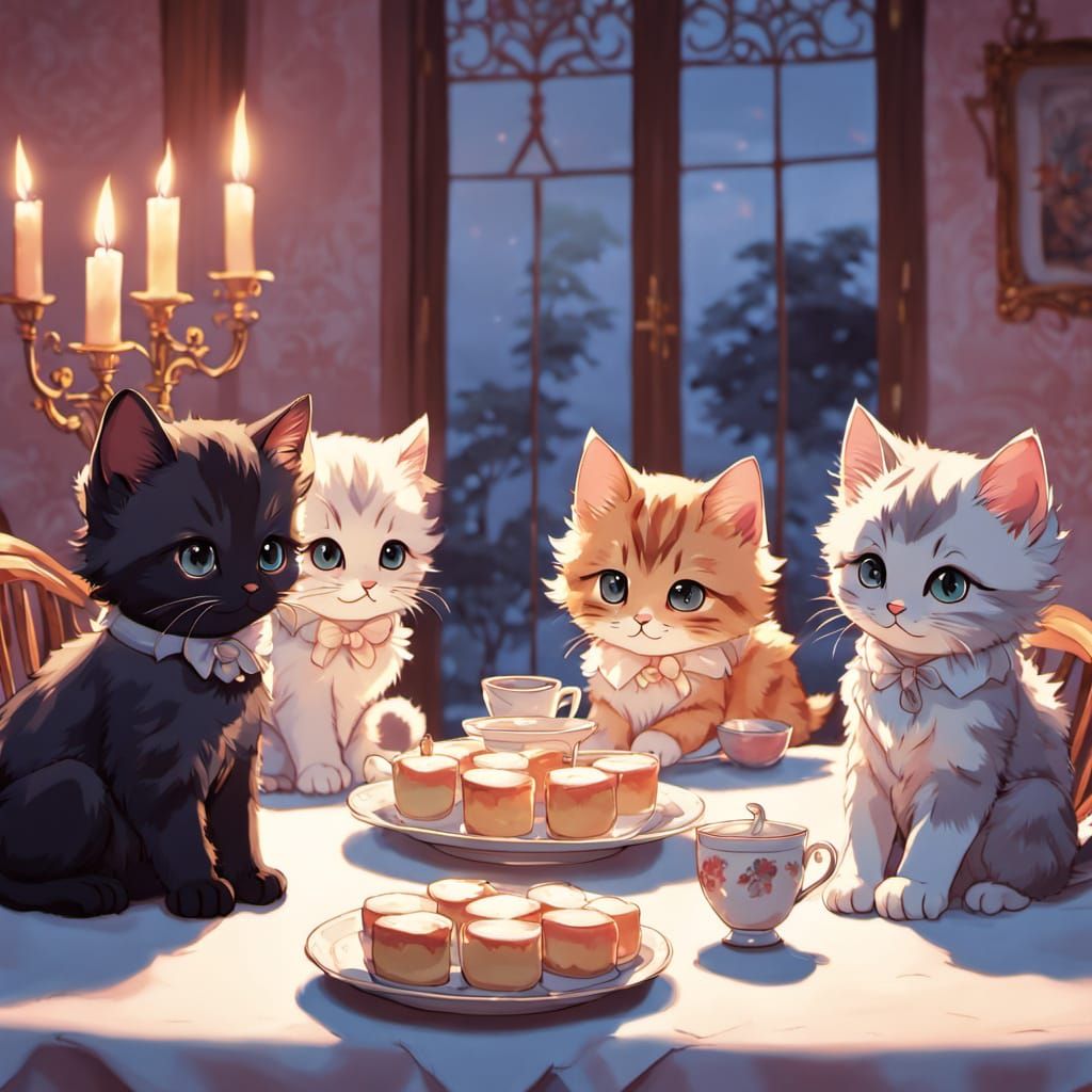 Anime Kittens Tea Party in Manga Style