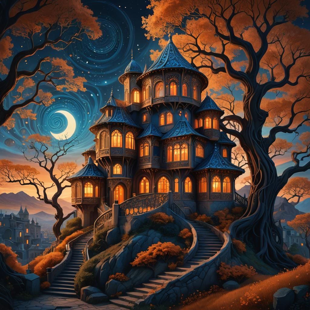 Magical Glowing House with Ornate Windows and Staircases