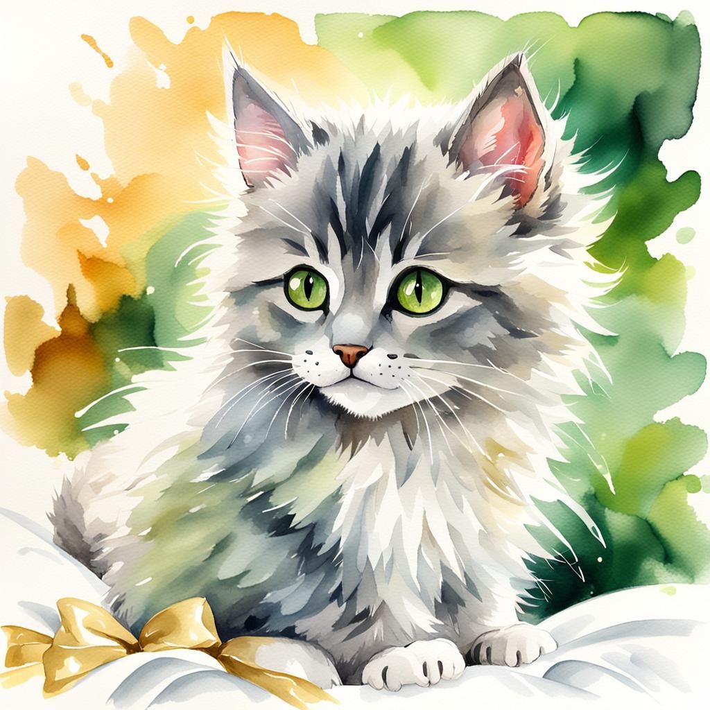 Watercolor Kitten Portrait with Pastel Colors