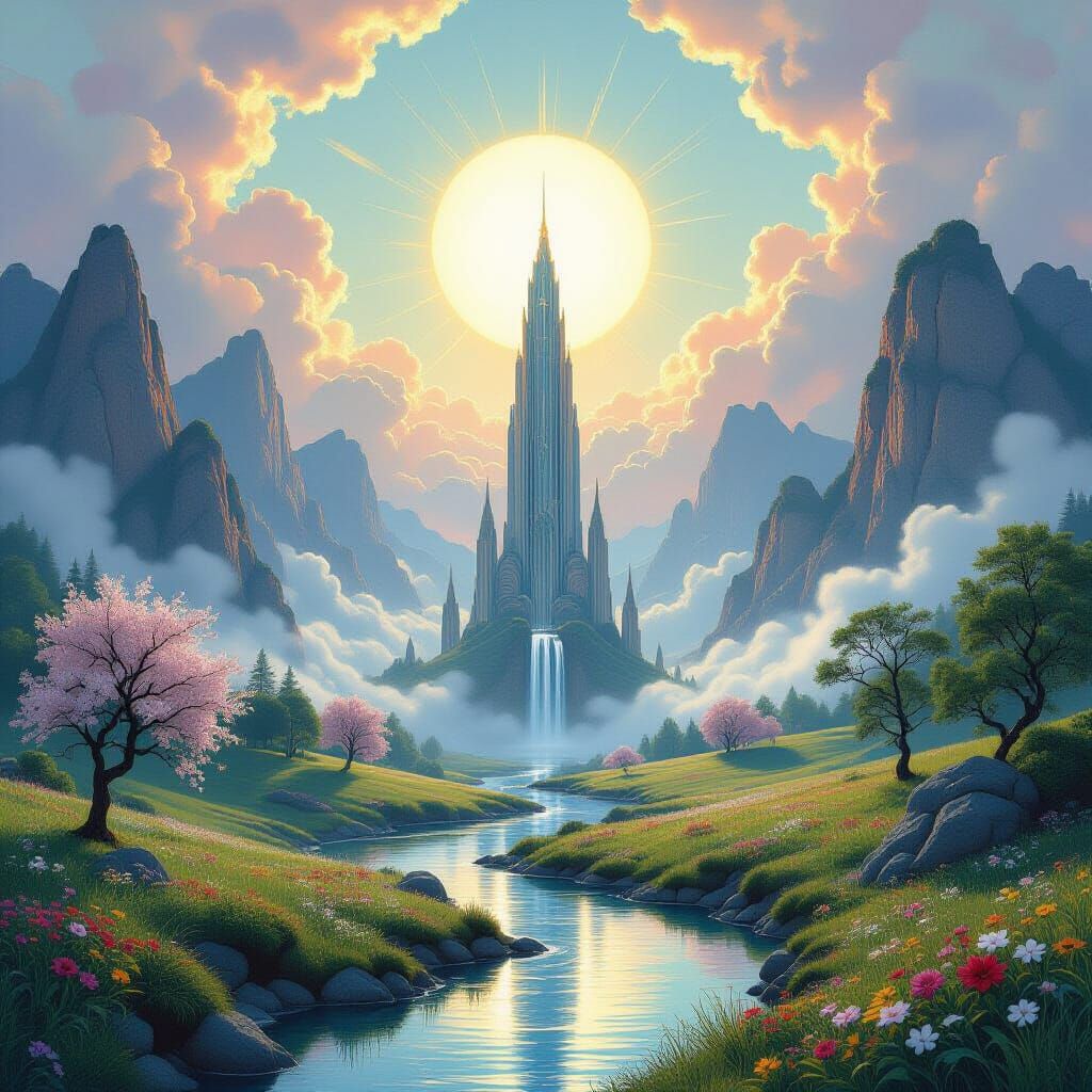 Art Nouveau Heavenly Tower in Misty Landscape