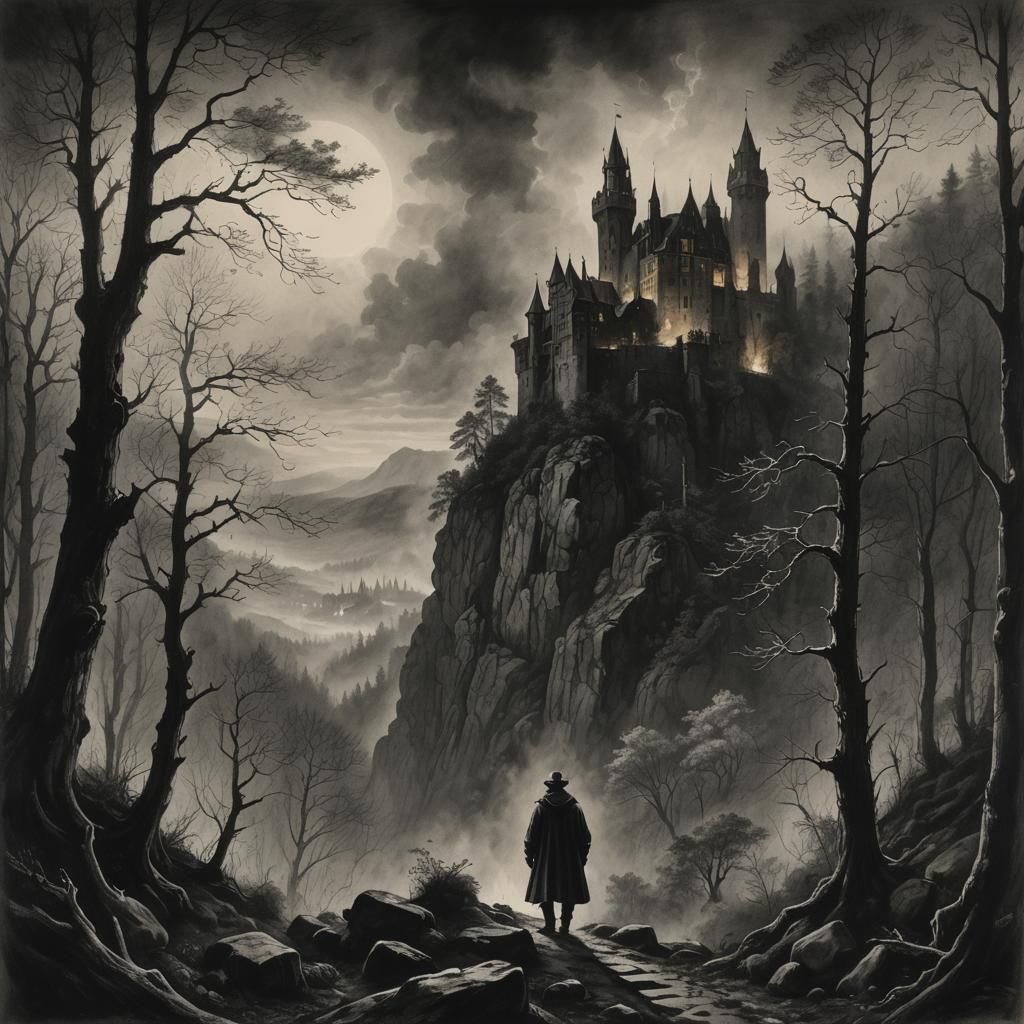 Eerie Forest Castle Charcoal Drawing in Rembrandt Style
