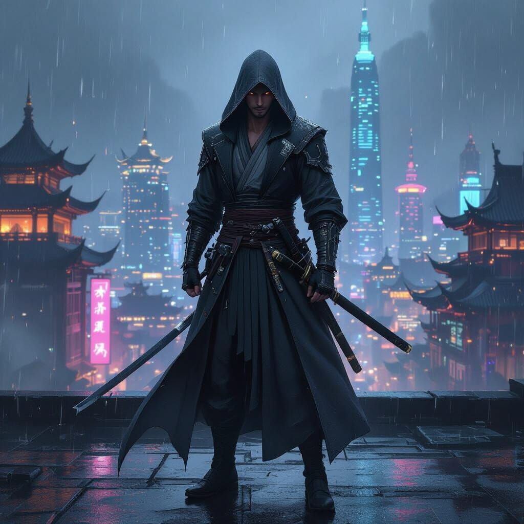 Wuxia Bounty Hunter on Futuristic Rooftop