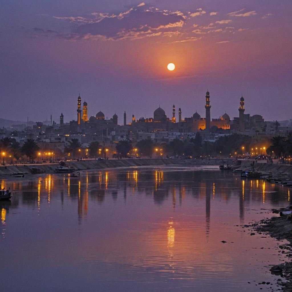 Baghdad Sunset Silhouette Reflecting on Tigris River