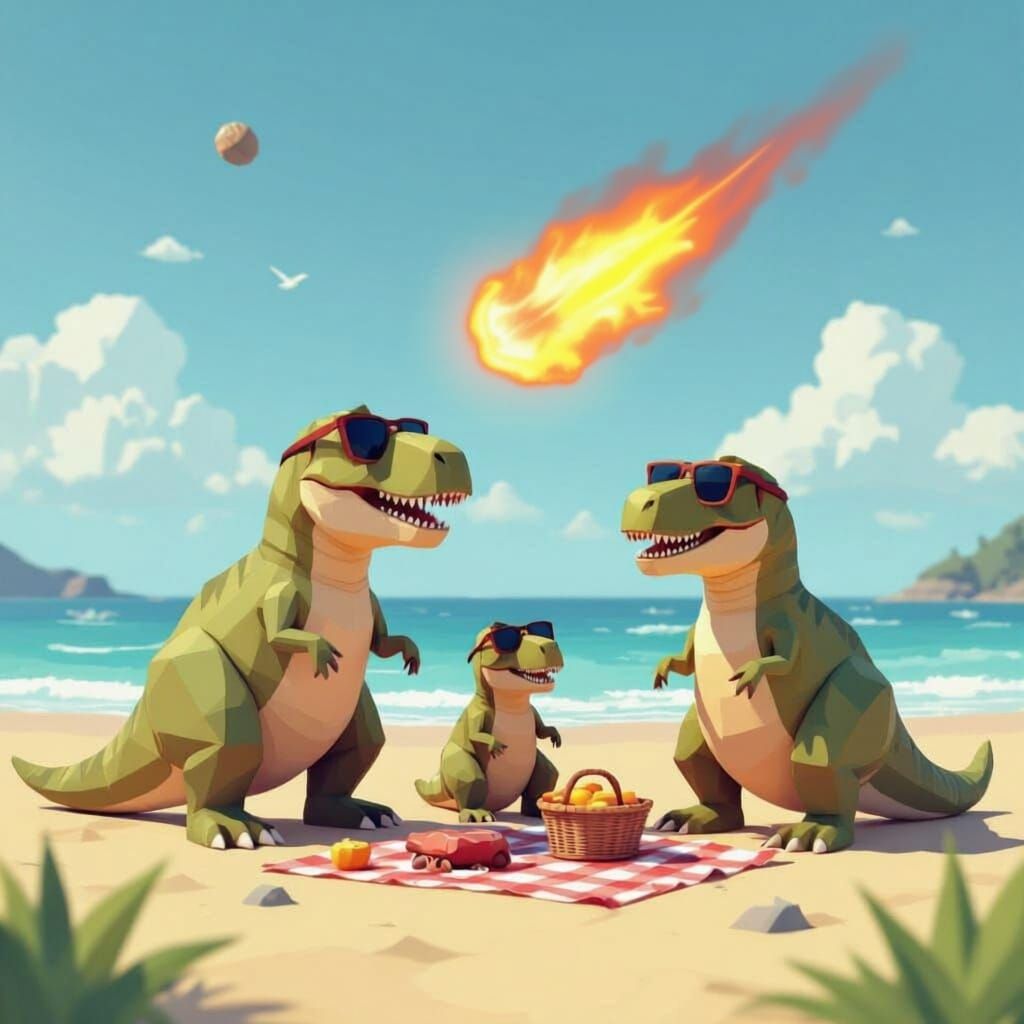 T-Rex Family Picnic on Beach Facing Meteor Shower