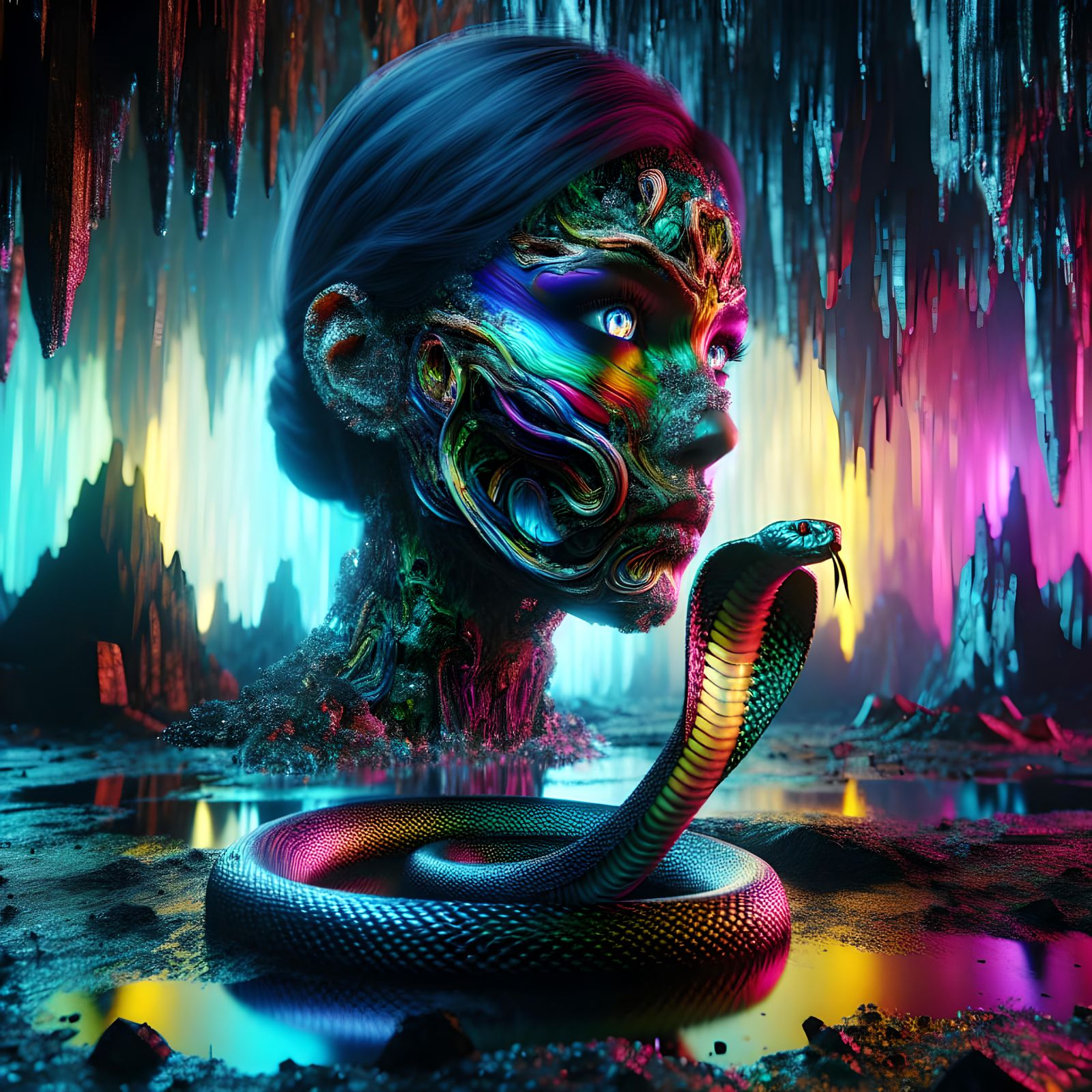 Surreal Woman and Cobra in Metallic 3D Rendering