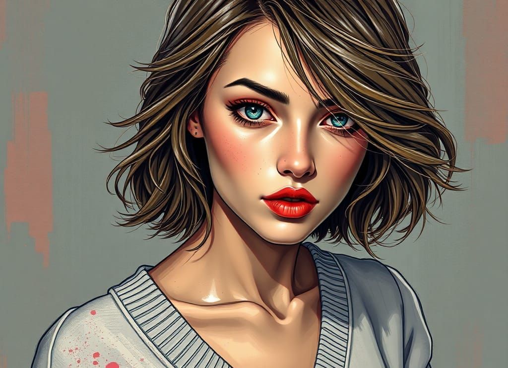 Woman in Pink Ribbon: Intricate Impasto Splatter Painting