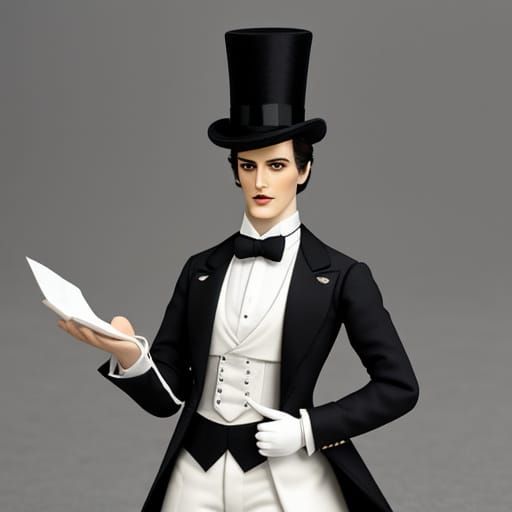 Madame Alexander style male doll wearing a tuxedo with white cummerbund and top hat.