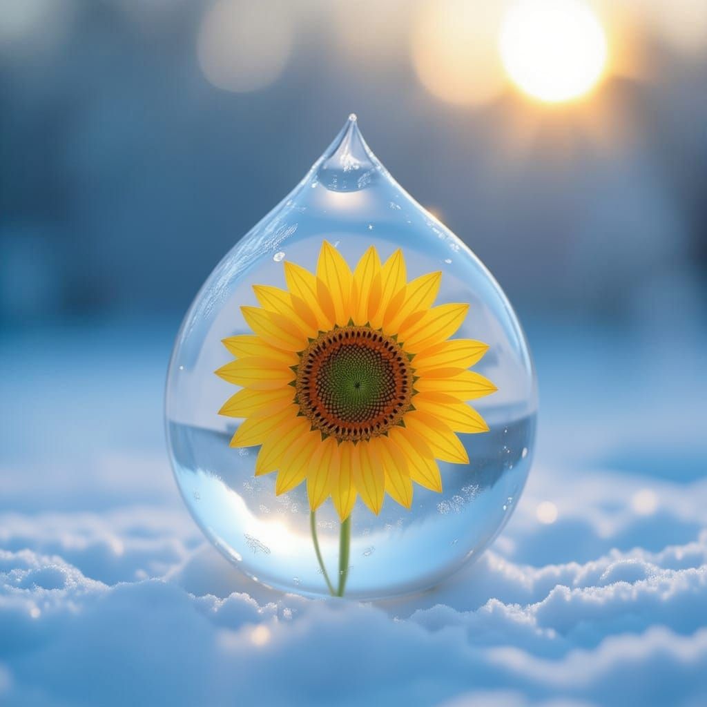 Sunflower Frozen Within Snowflake