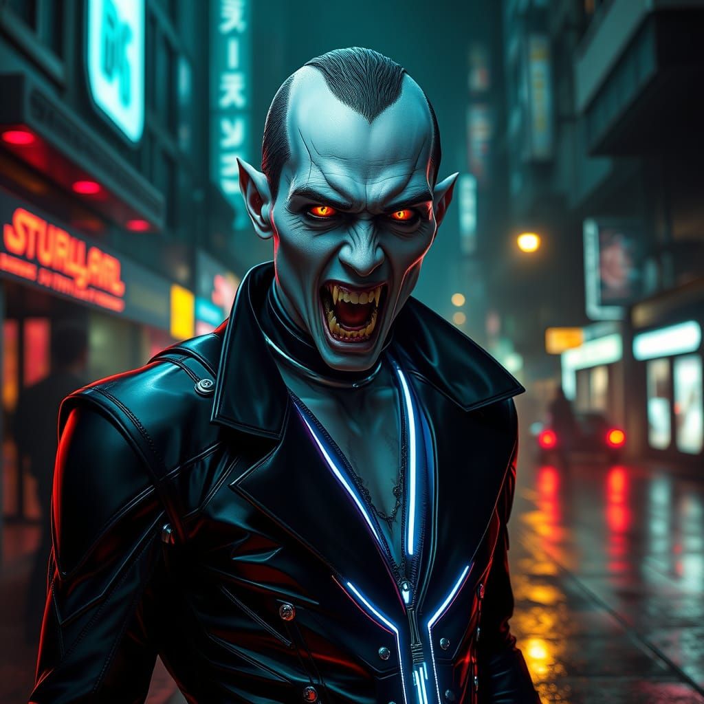 Cyberpunk Vampire in Futuristic Attire