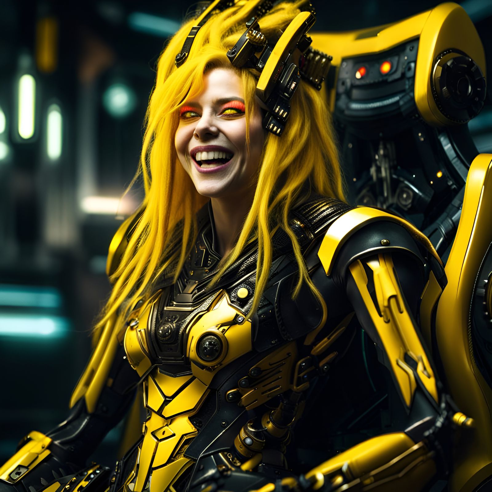 Crazed Woman on a Futuristic Throne in Sci-Fi Armor