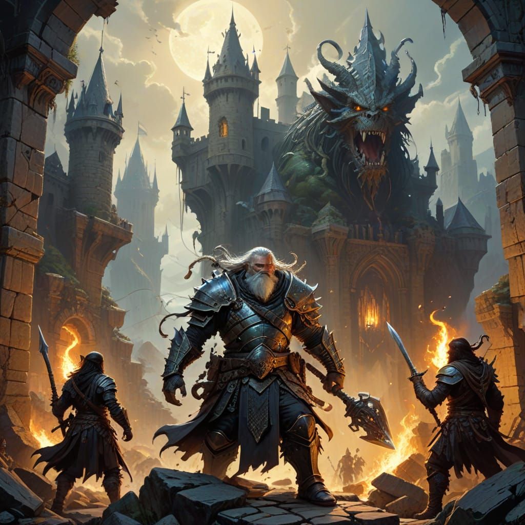 Fantastical Heroes Battle Beholder in Ruined Castle