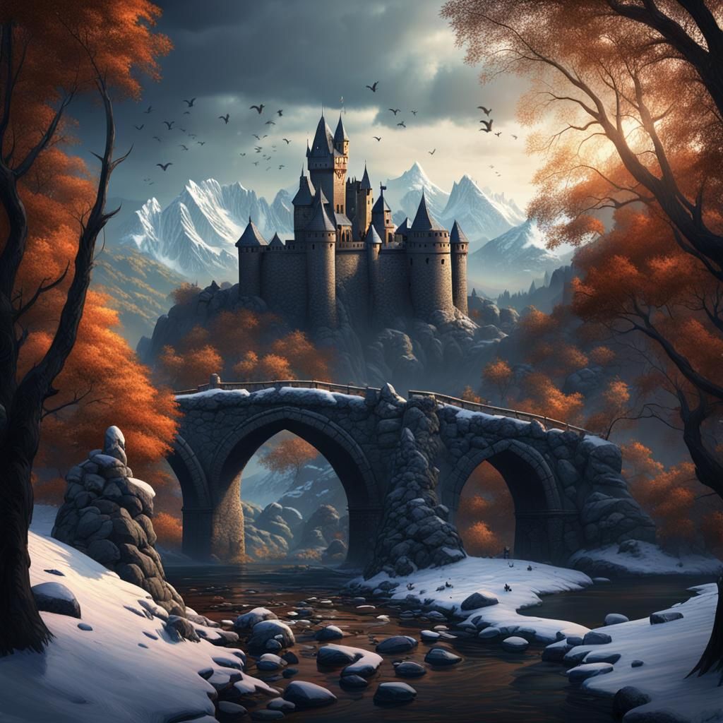 Broken Stone Bridge to Castle in Gloomy Landscape